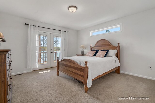 bedroom with multiple windows, access to exterior, and baseboards