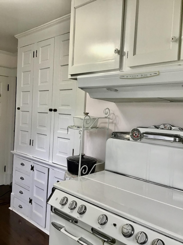 kitchen with dark wood-type flooring, ornamental molding, white cabinets, and light countertops
