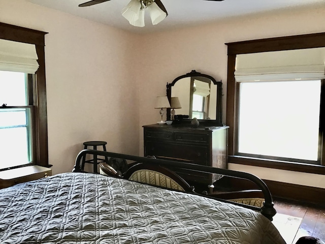 bedroom featuring multiple windows, ceiling fan, and wood finished floors