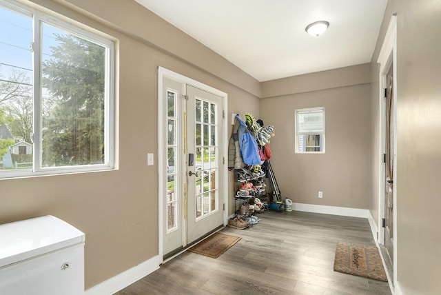foyer entrance featuring baseboards, wood finished floors, and french doors