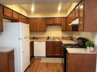 23004 Doremus St Unit 2, Saint Clair Shores, MI 48080 - kitchen featuring white appliances, under cabinet range hood, a sink, light wood-style floors, and light countertops