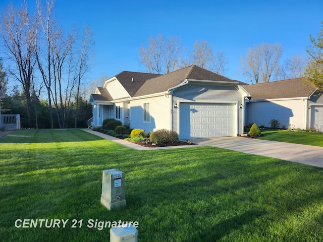 ranch-style home with an attached garage, a front yard, driveway, and a shingled roof