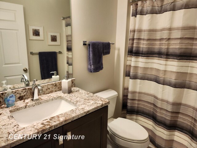 bathroom with toilet, vanity, and a shower with shower curtain