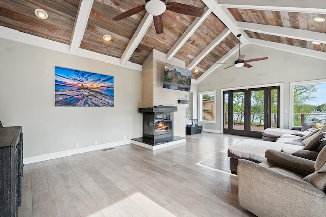 6481 Wardell, West Bloomfield, MI 48324 - living area with a ceiling fan, baseboards, a multi sided fireplace, high vaulted ceiling, and wooden ceiling
