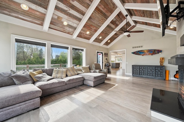 6481 Wardell, West Bloomfield, MI 48324 - living room with a ceiling fan, beamed ceiling, light wood finished floors, baseboards, and high vaulted ceiling
