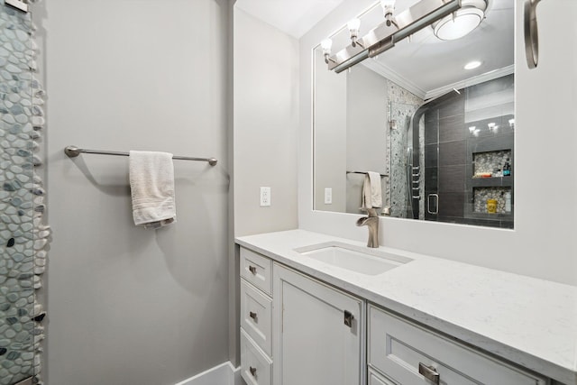 6481 Wardell, West Bloomfield, MI 48324 - bathroom with tiled shower, vanity, and crown molding