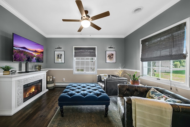 3556 Orchard Lake Rd, Orchard Lake, MI 48324 - living area with wood finished floors, ornamental molding, ceiling fan, and a fireplace