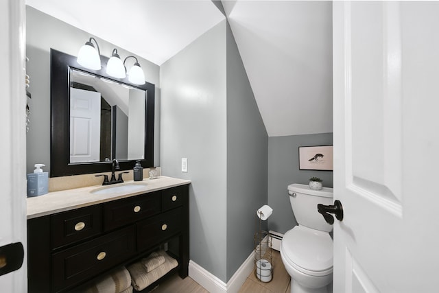 3556 Orchard Lake Rd, Orchard Lake, MI 48324 - half bath with lofted ceiling, toilet, vanity, baseboards, and a baseboard radiator