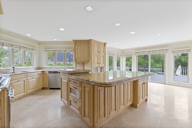 5215 Deer Run Cir, Orchard Lake, MI 48323 - kitchen with dishwasher, stone countertops, a center island, a sink, and crown molding