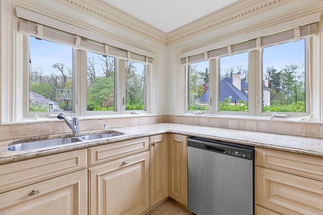 5215 Deer Run Cir, Orchard Lake, MI 48323 - kitchen with dishwasher, a sink, and light stone countertops