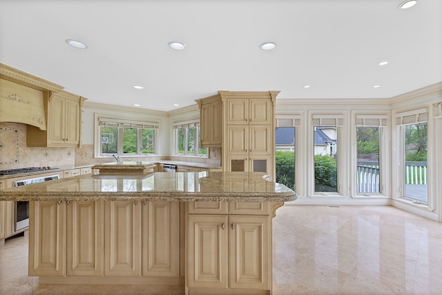 5215 Deer Run Cir, Orchard Lake, MI 48323 - kitchen featuring crown molding, range, decorative backsplash, light stone counters, and a sink