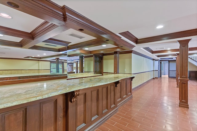 5215 Deer Run Cir, Orchard Lake, MI 48323 - reception featuring ornate columns, crown molding, coffered ceiling, beamed ceiling, and wainscoting
