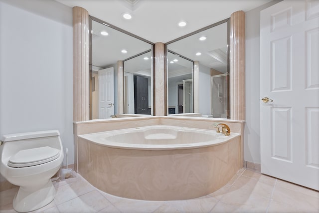 5215 Deer Run Cir, Orchard Lake, MI 48323 - bathroom with toilet, baseboards, recessed lighting, a stall shower, and a garden tub