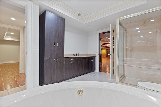 5215 Deer Run Cir, Orchard Lake, MI 48323 - bathroom featuring a shower stall, ornamental molding, recessed lighting, a bath, and baseboards