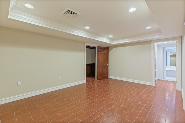 5215 Deer Run Cir, Orchard Lake, MI 48323 - unfurnished room with a raised ceiling, ornamental molding, baseboards, wood finished floors, and recessed lighting