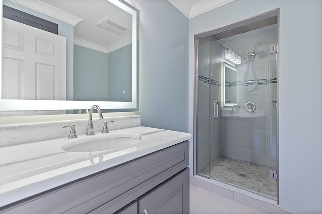 5215 Deer Run Cir, Orchard Lake, MI 48323 - full bathroom featuring ornamental molding, a shower stall, and vanity