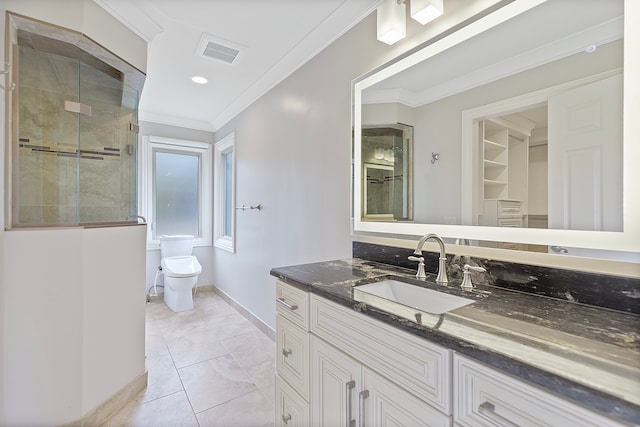 5215 Deer Run Cir, Orchard Lake, MI 48323 - full bath featuring ornamental molding, toilet, a stall shower, vanity, and baseboards