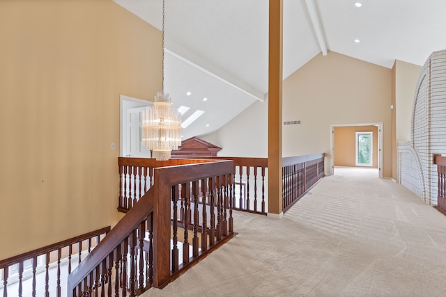 5215 Deer Run Cir, Orchard Lake, MI 48323 - corridor with high vaulted ceiling, beam ceiling, carpet, an upstairs landing, and a skylight