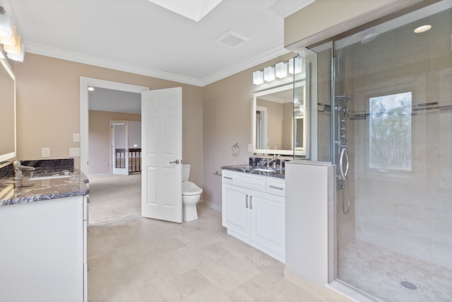 5215 Deer Run Cir, Orchard Lake, MI 48323 - full bath with a shower stall, two vanities, ornamental molding, toilet, and baseboards