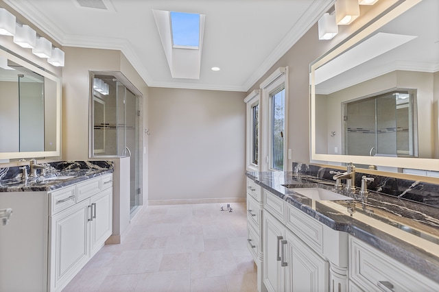 5215 Deer Run Cir, Orchard Lake, MI 48323 - bathroom featuring baseboards, recessed lighting, two vanities, ornamental molding, and a shower stall