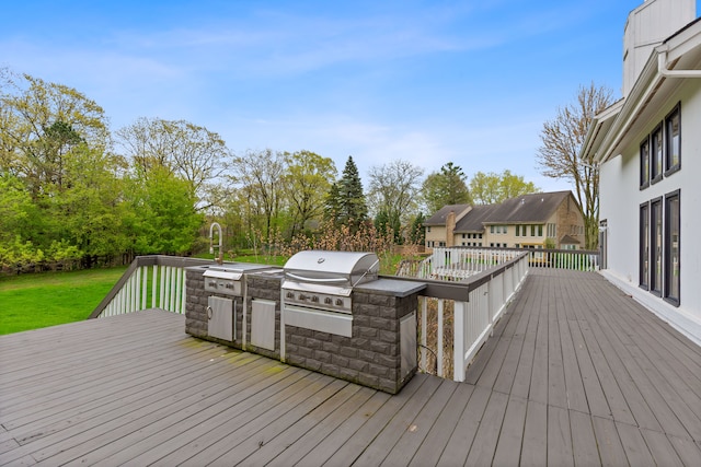 5215 Deer Run Cir, Orchard Lake, MI 48323 - wooden deck with area for grilling, a grill, and a lawn