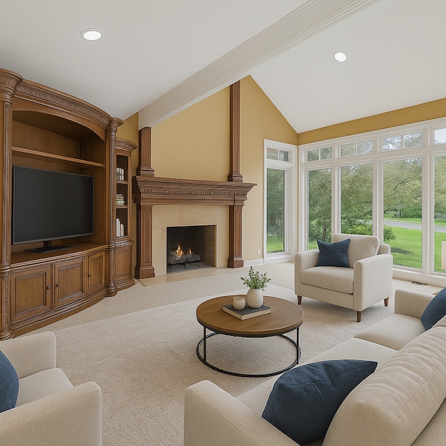 5215 Deer Run Cir, Orchard Lake, MI 48323 - living area with vaulted ceiling, healthy amount of natural light, carpet, a premium fireplace, and recessed lighting
