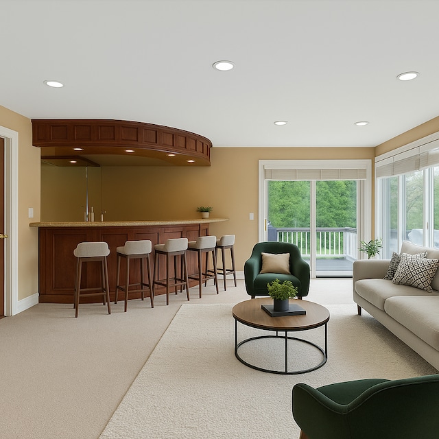 5215 Deer Run Cir, Orchard Lake, MI 48323 - living area with recessed lighting, light colored carpet, a dry bar, and baseboards