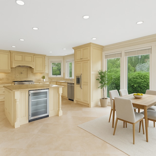 5215 Deer Run Cir, Orchard Lake, MI 48323 - kitchen with stainless steel dishwasher, beverage cooler, cream cabinetry, a kitchen island, and recessed lighting