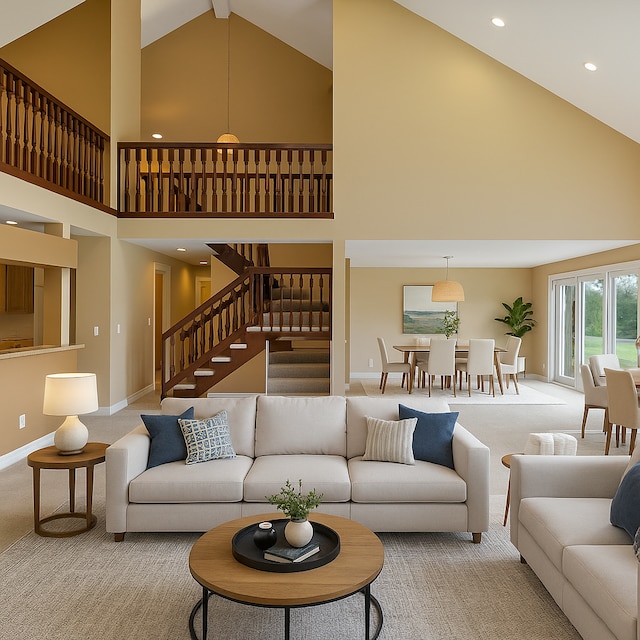 5215 Deer Run Cir, Orchard Lake, MI 48323 - living area featuring high vaulted ceiling, carpet, stairway, baseboards, and recessed lighting