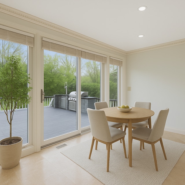 5215 Deer Run Cir, Orchard Lake, MI 48323 - dining space with crown molding, plenty of natural light, recessed lighting, light tile patterned flooring, and baseboards