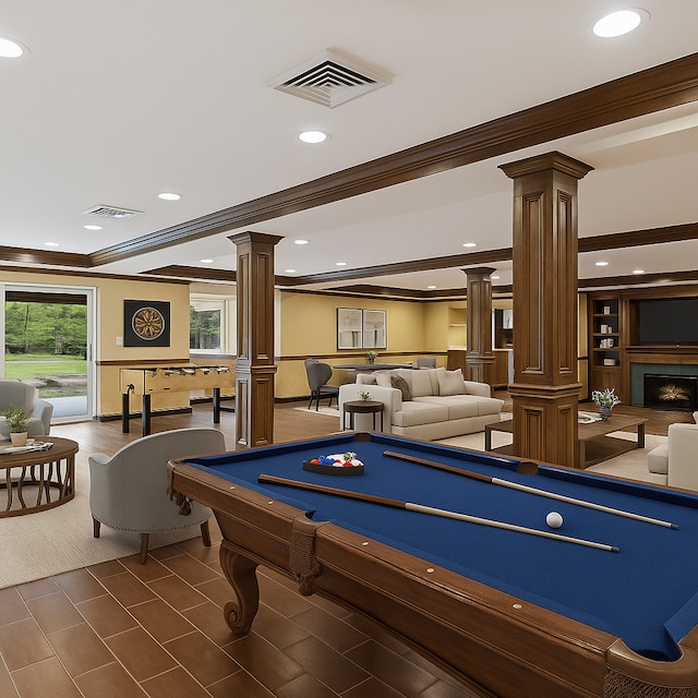 5215 Deer Run Cir, Orchard Lake, MI 48323 - recreation room featuring decorative columns, crown molding, billiards table, recessed lighting, and a fireplace