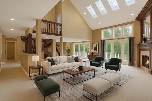 5215 Deer Run Cir, Orchard Lake, MI 48323 - living room featuring light carpet, high vaulted ceiling, a skylight, a fireplace with flush hearth, and stairway