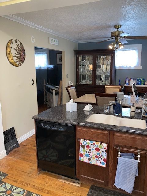 bar with dishwasher, a sink, crown molding, ceiling fan, and light wood-type flooring