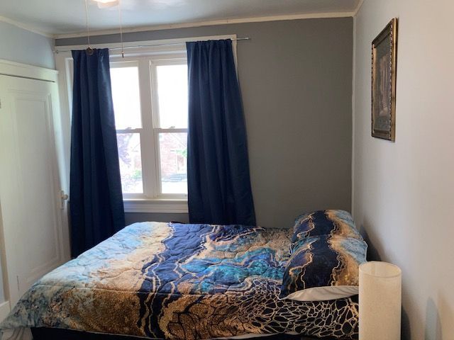 bedroom featuring multiple windows and ornamental molding