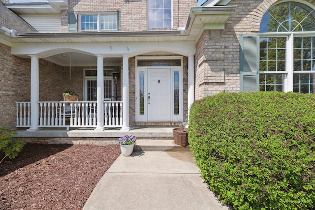 doorway to property featuring a porch and brick siding
