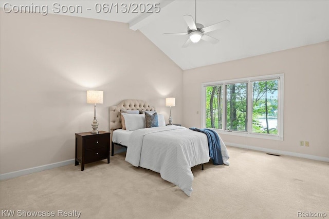 3241 Governors Ln, Commerce Twp, MI 48390 - carpeted bedroom with beamed ceiling, ceiling fan, and high vaulted ceiling