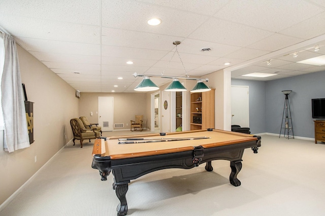 10420 Roger St, Portage, MI 49002 - rec room featuring light colored carpet, billiards, baseboards, recessed lighting, and a paneled ceiling