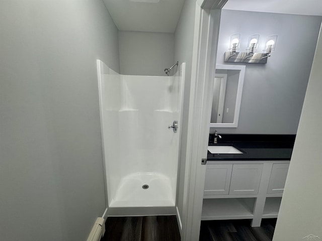 3339 S Cabaret Trl, Saginaw, MI 48603 - bathroom featuring a shower, wood finished floors, and vanity