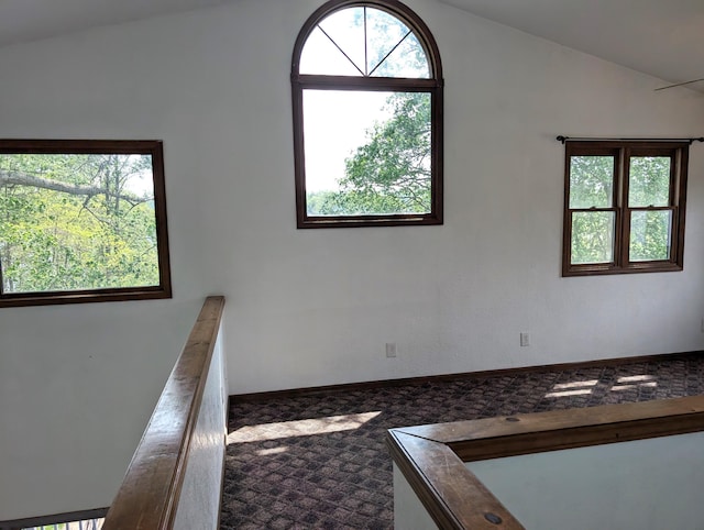 5657 Harding Ave, Muskegon, MI 49442 - spare room with plenty of natural light, vaulted ceiling, and dark colored carpet