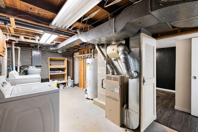 5657 Harding Ave, Muskegon, MI 49442 - unfinished below grade area with gas water heater, washer and dryer, electric panel, and heating unit