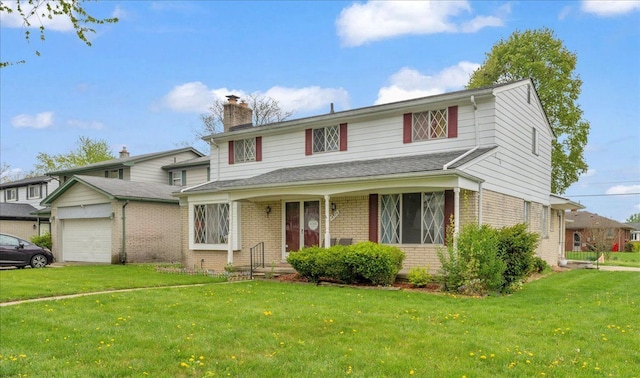 18579 Jeanette St, Southfield, MI 48075 - traditional home featuring brick siding, an attached garage, a chimney, and a front lawn