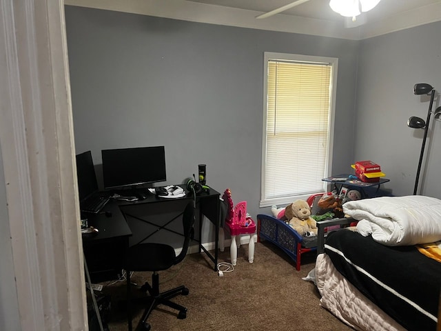 bedroom with carpet floors and a desk