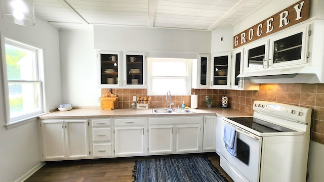 kitchen featuring white electric stove, a sink, dark wood-style floors, white cabinets, and wooden ceiling