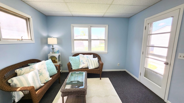 sitting room with a drop ceiling, dark colored carpet, plenty of natural light, and baseboards
