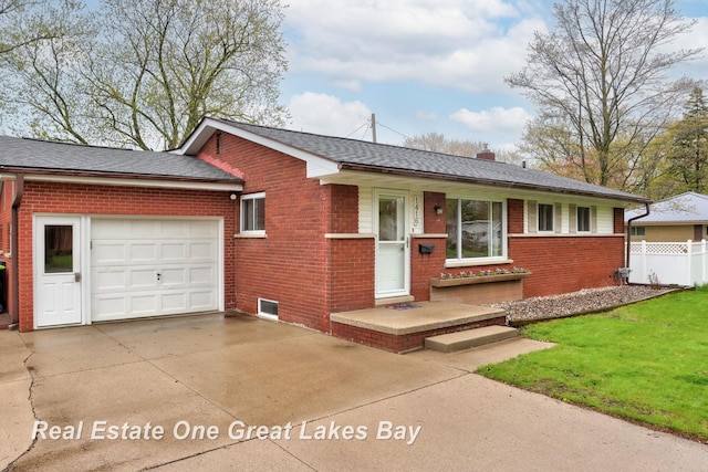1416 Airfield Ln, Midland, MI 48642 - ranch-style home with brick siding, a garage, concrete driveway, a chimney, and a shingled roof