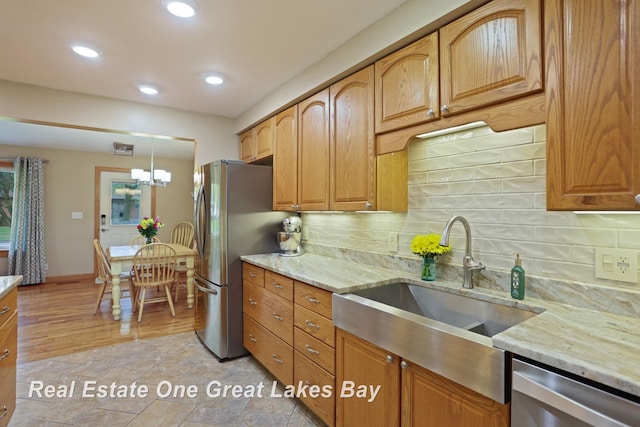 1416 Airfield Ln, Midland, MI 48642 - kitchen with a sink, stainless steel appliances, light stone counters, decorative backsplash, and recessed lighting