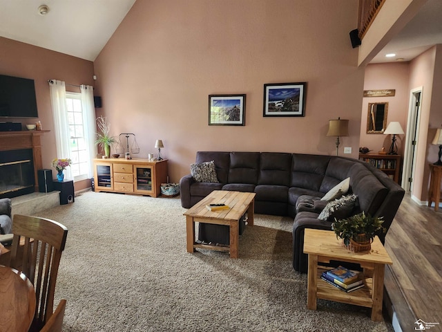 912 Kings Park Rd, Monroe, MI 48161 - living room featuring high vaulted ceiling, carpet flooring, and a glass covered fireplace