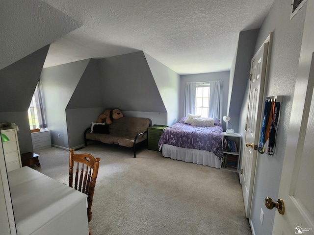 912 Kings Park Rd, Monroe, MI 48161 - bedroom with carpet, a textured ceiling, baseboards, and lofted ceiling