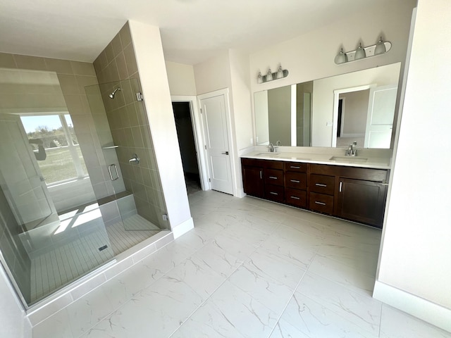 20846 Farrier Pl, Northville, MI 48167 - bathroom with a shower stall, marble finish floors, and double vanity