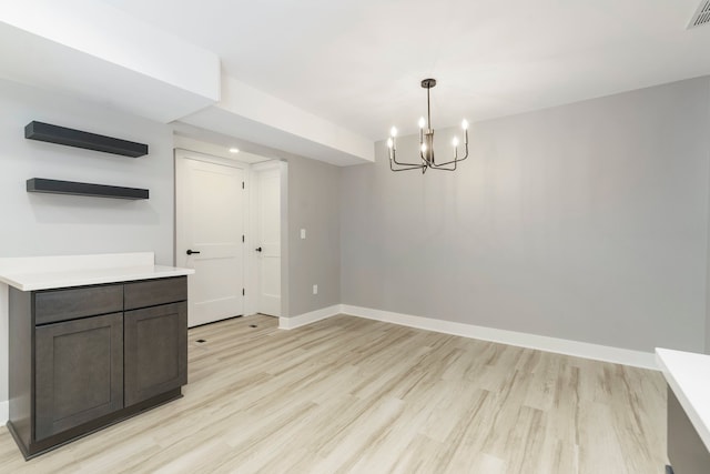 3246 Millwall Ave, Keego Harbor, MI 48320 - unfurnished dining area featuring light wood-type flooring, baseboards, and a chandelier